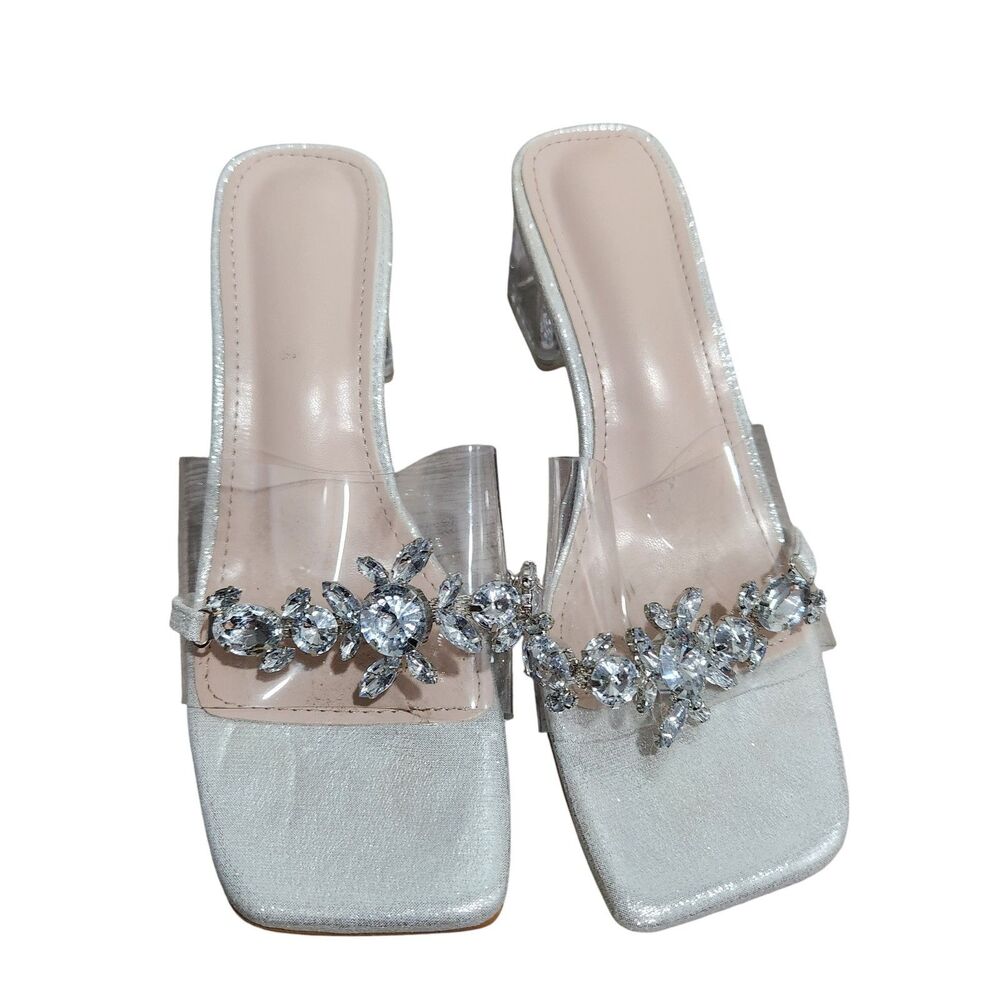Silver Rhinestone Clear Strap Mule Heels Block Heel EU 36 US‎ 6 Dress